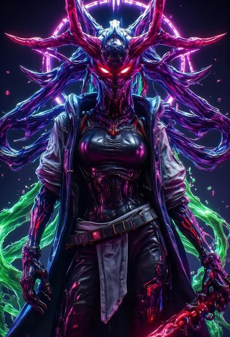 Neon Mecha-Horror Style, Neon Mecha-Horror Holy armor, fantasy Neon Mecha-Horror holy armor, science-fiction Neon Mecha-Horror holy armor, Neon Mecha-Horror holy aesthetic, elegant, majestic, detailed, ultra realistic, masterpiece, high detailed skin, high definition, high quality, anime cgi, detailed matte painting, deep color, fantastical, intricate detail, splash screen, complementary colors, fantasy concept art, 8k resolution, Unreal Engine 5