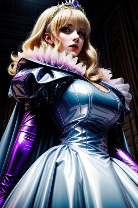 blonde evil corrupted young princess wearing dark pastel (ruffled:1) (gleaming latex:1) gown with (long latex cape:1) and latex elbow bridal gauntlets, (Perfect Face:1), soft lighting, glossy red lips, ruffles