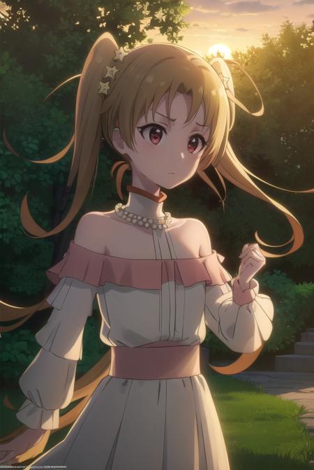 sherrytueli, <lora:sherry tueli s2-lora-nochekaiser:1>,
sherry tueli, long hair, brown hair, hair ornament, twintails, (brown eyes:1.5), star \(symbol\), star ornament,
BREAK dress, bare shoulders, jewelry, necklace, frills, long sleeves,
BREAK outdoors, forest, nature, sun, sky, clouds, trees, grass,
BREAK looking at viewer, (cowboy shot:1.5),
BREAK <lyco:GoodHands-beta2:1>, (masterpiece:1.2), best quality, high resolution, unity 8k wallpaper, (illustration:0.8), (beautiful detailed eyes:1.6), extremely detailed face, perfect lighting, extremely detailed CG, (perfect hands, perfect anatomy),