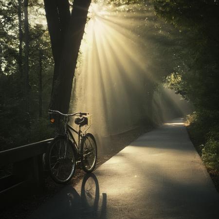 cinematic film still of  <lora:volumetric lighting:1> volumetric lighting style
a bicycle is parked on a bridge in the woods with sunlight shaft light beam abov,outdoors,day,tree,no humans,sunlight,ground vehicle,scenery,light rays,fence,road,sunbeam,bicycle,bicycle basket , volumetric lighting, haze light, fog light, beam light, ray light, god ray light, beam light, shaft light, crepuscular rays, shallow depth of field, vignette, highly detailed, high budget, bokeh, cinemascope, moody, epic, gorgeous, film grain, grainy