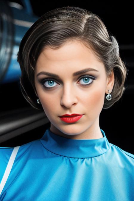 an analog photograph of beautiful (RB100m:1.1) woman,as a 1970's airline stewardess,wearing an (olympic blue)(stewardess uniform with long skirt:1.1),standing in an aircraft hanger with (gulfstream G-5 jet aircraft:1.2) in background,long hair,jewelry,dark red lipstick,makeup and eyeshadow,kodachrome,slightly above angle,intricately detailed,high contrast,highres,absurdres,hyper realistic,vintage photograph,(looking at viewer),PA7_Portrait-MCU,<lora:RB100m_05B-000004:0.9>,