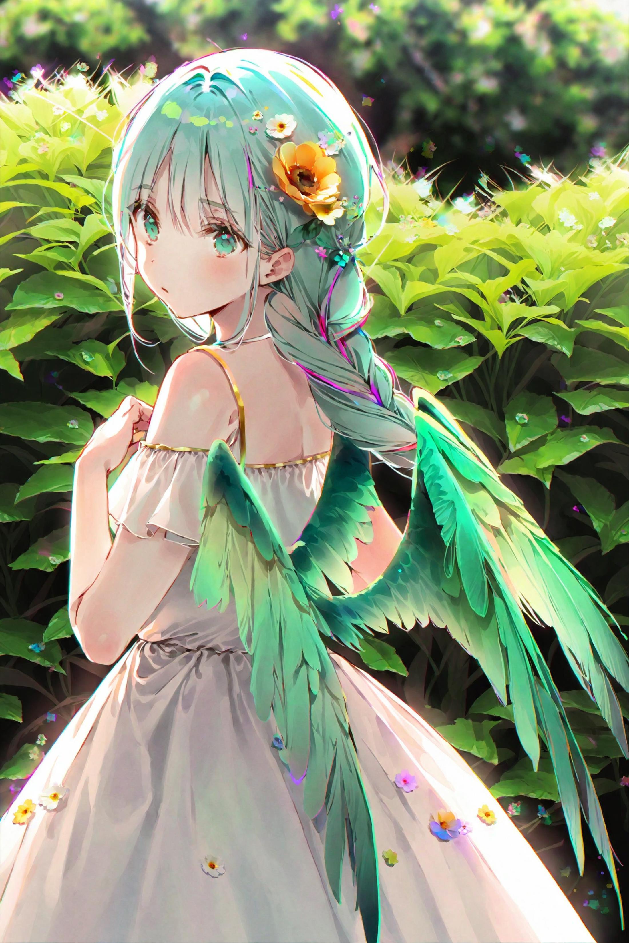 A cartoon illustration of a woman with a green dress, blue hair, and angel wings.