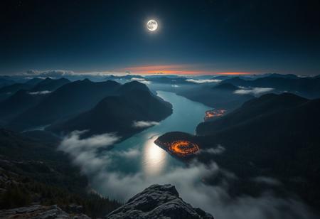 POV, on top of a mountain, looking down from mountain top, geological basin at the base of mountain, rivers leading to basin from mountains, basin surrounded by mountains, shore line, trees, clear blue water, cloud streams, mist over basin, at night, dark, moon, moon light, glowing orbs in air around basin, glowing orbs under water surface, stars, night sky, nebula, moons in sky, glowing in the forest, orange glow,
