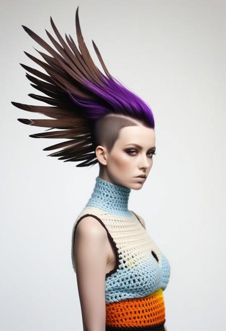 The image is a high-resolution photograph featuring a person with an avant-garde, fashion-forward hairstyle and attire. The subject is a woman with a striking, elaborate hairstyle that resembles a bird or insect, with long, dark, straight hair styled to form a dramatic, sweeping shape above the head, resembling wings or antennae. The hair is adorned with intricate, thin, black and brown feathers or hair extensions that create a dramatic, almost surreal effect. The image is a photograph of a person standing against a plain white background. The subject is a woman wearing a colorful, crocheted outfit. The outfit consists of a top and a skirt made from a chunky, gradient yarn that transitions from a deep brown at the top to a light blue at the bottom, with a gradient of orange and yellow in between. The image is a high-resolution photograph of a person with a striking, avant-garde hairstyle and fashion style. The subject is a young woman with a pale complexion and a bold, futuristic hairstyle. Her hair is styled in a dramatic, asymmetrical fashion, with one side shaved close to the scalp and the other side styled in long, straight strands that transition from a natural blonde color to a vibrant purple at the ends.
