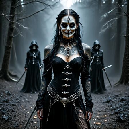 Set in a dark eveil forrest, a Wide angle, full body image of A deliciously evil, breathtaking, terrifying, and powerfully feminine portrayal of a hybrid between a modern witch and a female Grim Reaper, with long, jet-black hair intricately braided down her back, each braid woven with dark, shimmering threads of power. Her skeletal nostrils and nose are adorned with an elaborate nostril chain, nasalang, and nosechain, linking delicate, glinting black metal that highlights her predatory, evil smile. Her face is a canvas of menacing beauty, featuring corpse paint mixed with sugar skull-inspired designs, intricately etched in white and black, casting a haunting contrast against her smooth, pale skin. Her white, pupil-less eyes are unsettling, radiating an unnatural power that captivates and terrifies all who dare meet her gaze. She weilds and evil and wicked looking two handed scythe, engraved with glowing ancient runes of evil power. She is clothed in layers of tattered black garments that seem to have a life of their own—billowing and shifting as though touched by an unseen wind. These fabrics cling to her form in dark, flowing waves, creating an ethereal effect, somewhere between spectral and death-metal warrior. The fabric is adorned with subtle symbols, sigils, and markings of ancient witchcraft, woven into the very threads of her outfit. Her arms, neck, and chest are covered in intricate tattoos—some abstract, others depicting ancient sigils and runes of forbidden power