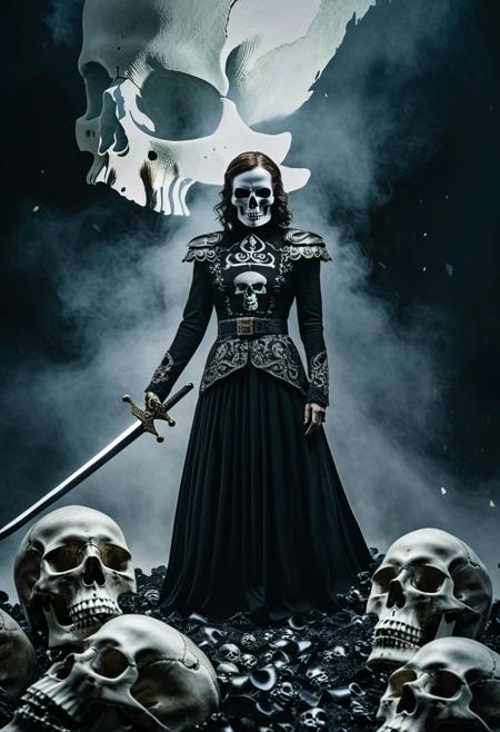 (8k, painting, best quality, masterpiece:1.2), (intricate details), (best quality), (highres), , double exposure, dark shot, double exposure, the Ace of Spades playing card, BREAK woman in a black oufit standing over a pile of skull , holding a sword. surreal, eerie, uncanny, detailed