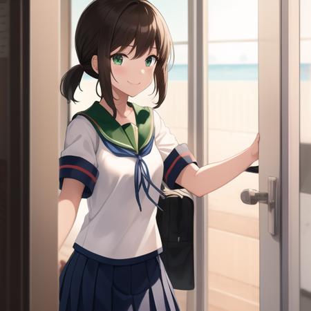 (masterpiece, best quality:1.2),illustration,8k,hd,1girl,solo,upper body,(portrait:1.2),black_hair,short_ponytail,white serafuku,sidelocks,low_ponytail,green_eyes,smile,black_eyes,school_uniform,pleated_skirt,skirt,<lora:Fubuki(kan)>,