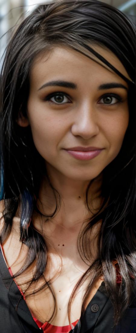 <lora:LightsV2:1> a woman  , red and black shirt, black hair. beautiful face