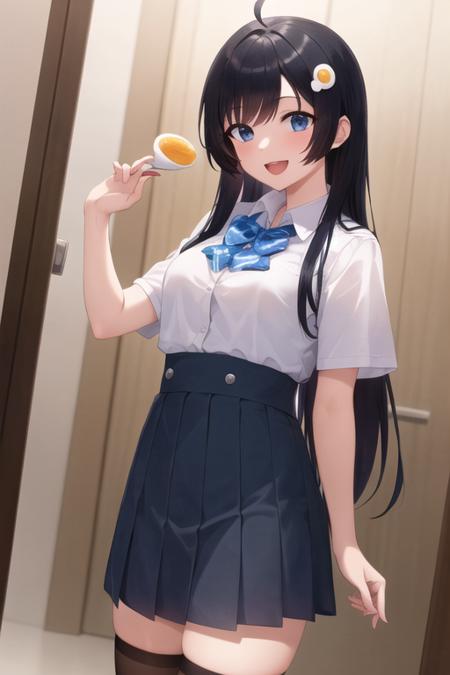 masterpiece,bestquality,ultra-detailed,Cinematic Lighting,llustration,masterpiece, best quality, 1girl, medium breasts, solo, <lora:Araragi Tsukihi:0.5>, egg hair ornament,araragi tsukihi, hair ornament, food-themed hair ornament, black hair, ahoge, long hair, open mouth, looking at viewer, bangs, smile, fried egg, blue eyes, :d, egg (food), food, cowboy shot,nblack eyes, standing, thighhighs, school uniform, skirt, kneehighs, zettai ryouiki, skatesrealistic and detailed clothes, fine fabric emphasis, photorealistic, (extremely detailed), detailed hair, best resolution, best quality, best resolution, best quality, (Masterpiece), extremely detailed face, Original Character, perfect lighting, best colors, colorful, beautiful, fine detail, ultra high resolution, Natural Volumetric Lighting And Best Shadows, Deep Depth Of Field, (Highest Quality, Amazing Details:1.4)