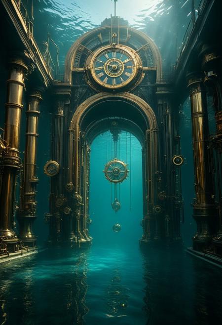 Underwater steampunk city, 8K, photorealistic, ((masterpiece, hyper-detailed)), crystalline waters, brass and copper structures, highres, ultra-sharp focus, A vast submerged metropolis of Victorian-era buildings and clockwork mechanisms. Design a minimalist logo inspired by the BTS logo. It features two vertical, symmetrical, sleek trapezoid shapes side by side, resembling doors that open toward the future. The words "NALOESIG BTS ARMY" on text completes the bts logo, The design should have a modern, polished, and simple aesthetic. Use a purple and metallic color palette, such as black, silver, purple and white. The shapes should look futuristic