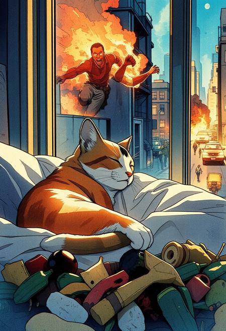 Paint a serene yet dynamic watercolor scene in the Flux art style, where a sleeping cat is *fully nestled within a pile of food*. The cat’s body, rendered in soft, car color orange, brown, white with a black M in his forehead, in a soft pillow near to a building window, inside an apartment, outside a city in chaos, zombie invasion, cars in fire,
running away from the zombies,