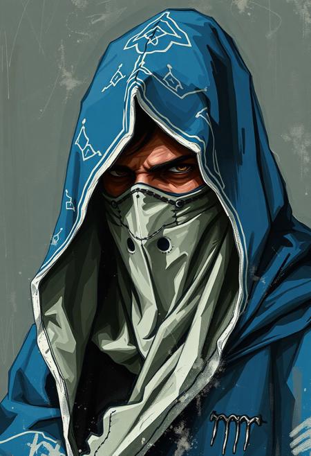 Hooded wizard, blue hood, white trim, mask, rendered with bold, expressive smudges and unfinished strokes, art nouveau, atmospheric, painterly