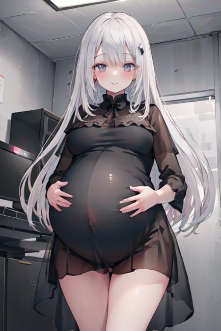 masterpiece,best quality,ultra-detailed,very detailed illustrations,extremely detailed,intricate details,highres,super complex details,extremely detailed 8k cg wallpaper,  1girl, solo,standing,  <lora:Noir_v1:0.75>, noir-noworld, black dress, see-through, nsfw,  (pregnant:1.2), hospital, smile, looking down,