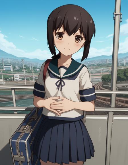 fubuki, black hair, brown eyes, ponytail, fubuki (kancolle), low-tied ponytail skirt, school uniform, pleated skirt, serafuku,