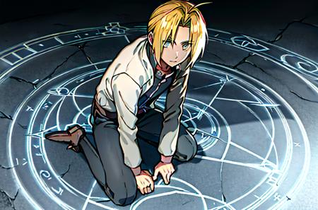 1boy kneel outside of a  big glowing transmutation circle on ground ,<lora:EdwardElricV3:0.9>, edward elric, <lora:TransmutationCircle:0.44>,  masterpiece, best quality, detailed