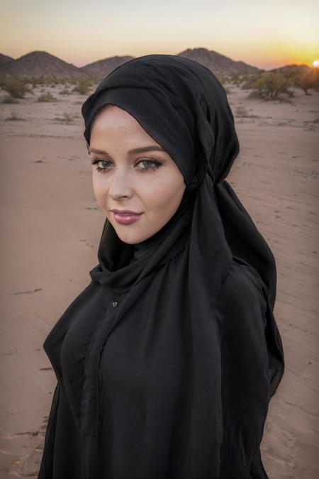 Renee Olstead, (woman:1.2), (female:1.2), (8k, RAW portrait photo, best quality, masterpiece:1.2), (realistic, photo-realistic:1.37), (highest quality), (black hijab:1.4), (in the desert:1.3), (black cloth cover full body:1.2), (morning:1.2), (sunrise:1.3), (show no skin:1.3), (black long dress:1.1),<lora:Renee-Olstead-v10:0.7>