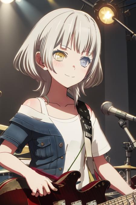 best quality, masterpiece, highres, solo, {kaname_rana_bangdreamitsmygo:1.15}, short_hair, bangs, blush, grey_hair, collarbone, closed_mouth, yellow_eyes, heterochromia, instrument, smile, blue_eyes, 1girl, closed_eyes, shirt, upper_body, black_shirt, guitar, off_shoulder, bra_strap, holding, holding_instrument