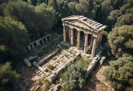 Overhead view, image of a ruined ancient greek temple, with overgrown vines, in a mediterranean forest, RPG map,  haze daylight, high detail, film photography, overhead view only, phot realistic, best quality