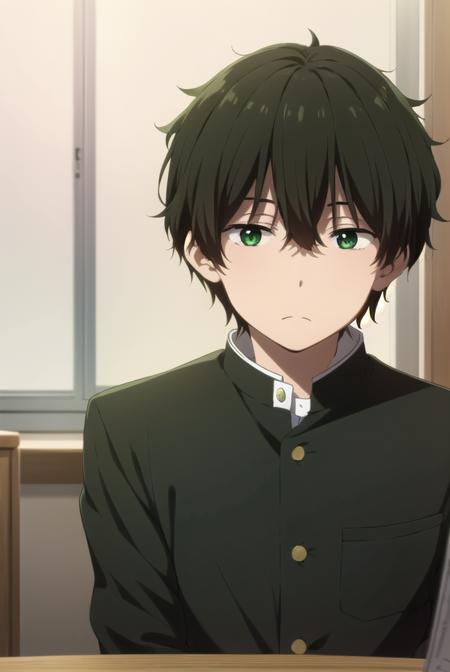 houtarouoreki, <lora:houtarou oreki s1-lora-nochekaiser:1>,
houtarou oreki, short hair, bangs, black hair, hair between eyes, (green eyes:1.5), male focus,
BREAK school uniform, gakuran,
BREAK indoors, classroom,
BREAK looking at viewer, (cowboy shot:1.5),
BREAK <lyco:GoodHands-beta2:1>, (masterpiece:1.2), best quality, high resolution, unity 8k wallpaper, (illustration:0.8), (beautiful detailed eyes:1.6), extremely detailed face, perfect lighting, extremely detailed CG, (perfect hands, perfect anatomy),