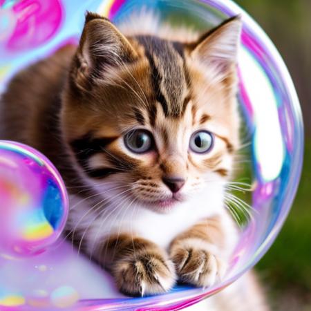 RAW photo, portrait of a cute kitten is inside bubbl3 <lora:o1l-000040:1>