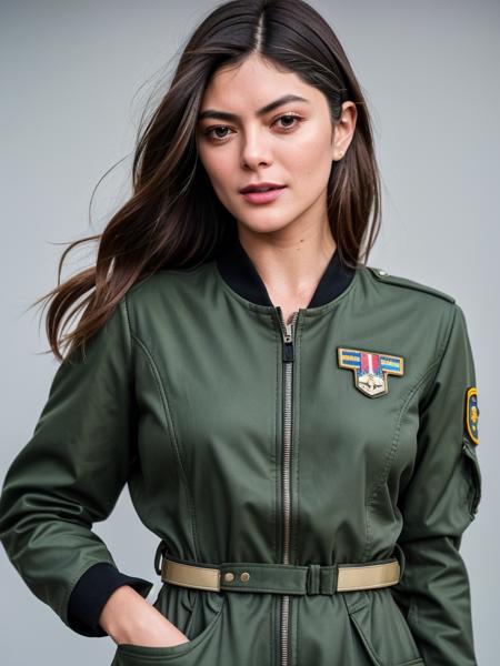 26 yo monicabarbaro,  face closeup photo of young woman, (grey background:1.0), (military haircut), green military flight suit, top gun. (tilted angle shot:1.0).  PA7_Portrait-MCU