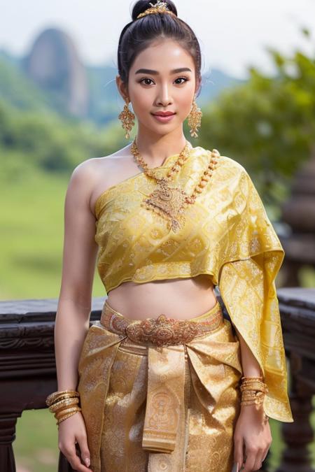 best quality, ultra high res, (photorealistic:1.4) ,masterpiece, (sexy noble:1.3) ,(ancient thailand background :1.3),(cute girl:1.3), (  thai traditional dress:1.3),(thai traditional skirt:1.2) ,(traditional body strap:1.2)    ,detailed background , big breasts, gloves, hair_bun, hair_ornament, hair_stick, jewelry , necklace, (seductive:1.3), ( pussy:1.3) ,(intent looking:1.5) ,( looking at viewer:1.5),

  <lora:pondloso_thaidress640:0.6>,(sabai  dress:1.2)