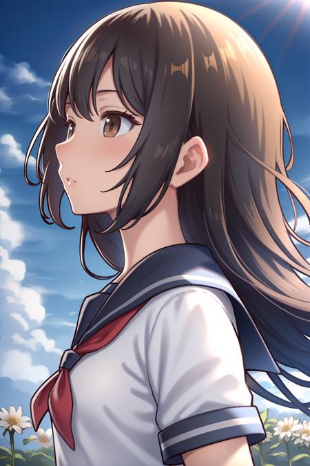 1girl, solo, flower, long hair, outdoors, letterboxed, school uniform, day, sky, looking up, short sleeves, parted lips, shirt, cloud, black hair, sunlight, white shirt, serafuku, upper body, from side, white flower, blurry, brown hair, blue sky, depth of field