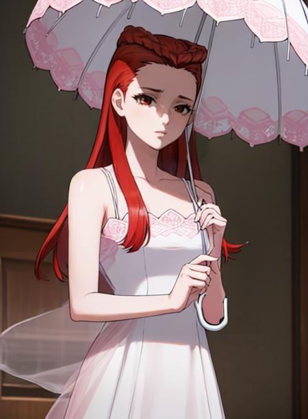 best quality, (masterpiece),(ultra-detailed), (high quality), (high resolution), <lora:dahlia:0.7> dahlia hawthorne, long hair, red hair, dress, umbrella