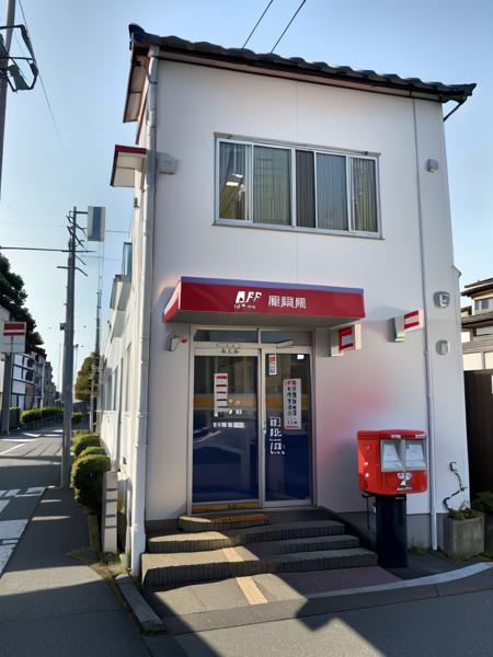 masterpiece, best quality, ultra-detailed, illustration,
JPO, scenery, outdoors, vending machine, sky, building, day, road, utility pole, power lines, tree, blue sky, street, shadow, sign, Post box
 <lora:JapanPOST:1>