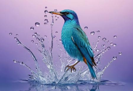 A stunning 3D watercolor illustration featuring a vibrant bird perched on a stem, surrounded by a colorful splash of water droplets. The bird has a detailed, textured plumage, and the stem is adorned with delicate, colorful flowers that blend seamlessly with the watercolor splashes. The overall composition has a dynamic, fluid feel, with the water droplets appearing to flow in multiple directions. The background is a soft, blended gradient of blues and purples, adding depth to the scene., illustration, 3d render