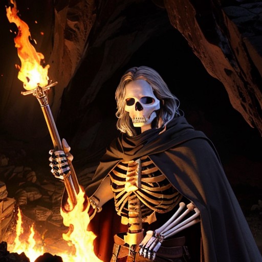 (best quality: 1.2), (masterpiece: 1.2), (realistic: 1.2), a portrait of a (skeleton: 1.3) holding a flaming spear, (old a...