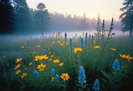 An introspective and serene scene at sunrise, where wildflowers bloom in a fog-covered field, glowing in the soft golden light. Cool blue and gray tones softly blend together, creating a peaceful atmosphere. The dense forest in the background adds a touch of mysticism. Shot with a Pentax 67 medium-format camera and Kodak Ektachrome E100 slide film, celebrated for its vibrant color rendering, sharpness, and subtle tonal transitions. The image focuses on the wildflowers in a dramatic close-up, with soft, dreamy bokeh. This stunning slide film captures the colors and details with exceptional precision and clarity, ideal for digital scanning or projection, offering museum-quality viewing experiences.
