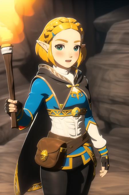 (masterpiece), high quality, (detailed background), 1girl, solo,
<lora:Zelda-v3-07:0.7>, ChopioZelda, blonde hair, green eyes, (looking at viewer:1.3),
mature female, medium breasts,
short hair, crown braid, sidelocks, hairclip,
outfit_1, blue crop top, white undershirt, gold trim, long sleeves, gold chest belt, brown sash, black gloves, fingerless gloves, black pants,
brown pouch,
black cape,
(cave:1.2), holding torch, torch, fire, dark,
standing, embarrassed, shy, open mouth, (blush:1.5),