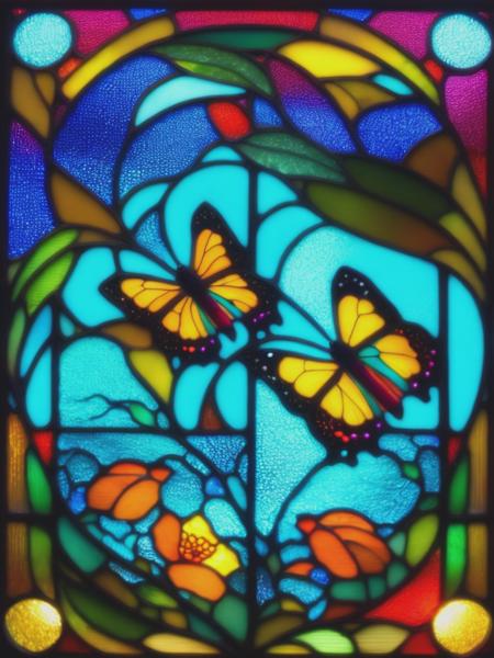 <lyco:LouisComfortTiffany:1.0> beautiful Art Nouveau stained glass with glowing butterflies, flowers with vibrant colors