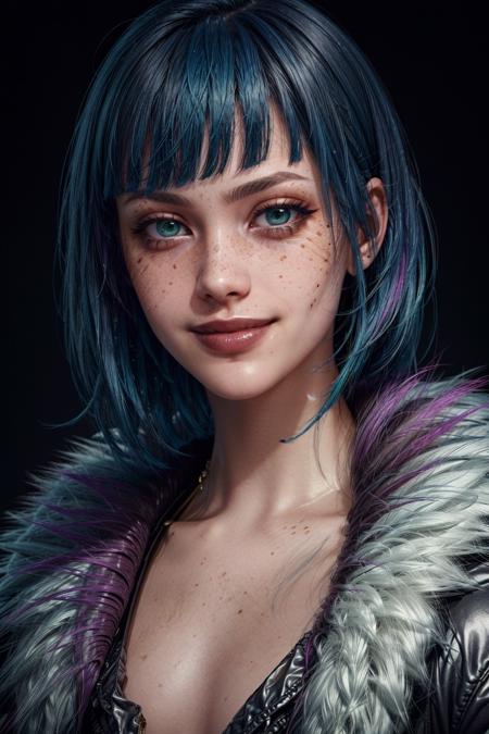 EvelynCyber, 1girl, solo, multicolored hair, blue hair, smile, looking at viewer, black background, makeup, short hair, bangs, fur trim, pink hair, portrait, realistic, green eyes, blunt bangs, simple background, two-tone hair, jacket, grin, lipstick, purple hair, freckles,
masterpiece, best quality,
<lora:add_detail:0.7>,<lora:epi_noiseoffset2:1>,   <lora:EvelynCyber:0.7>