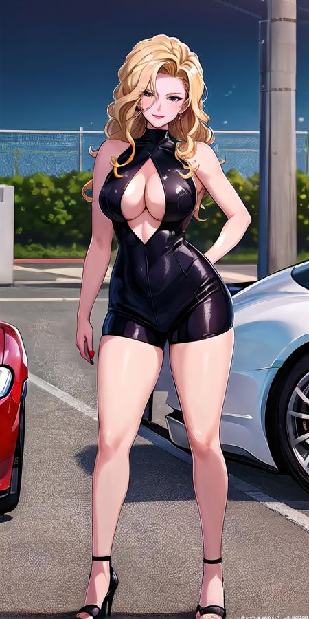 (Masterpiece, Best Quality, High Quality:1.4), professional artwork, well drawn, Intricate Details, field of view, sharp focus, detailed painting, masterpiece, cinematic lighting, trending on pixiv, vivid lighting, vibrant colors, by by Nagasawa Rosetsu,
MadamePresident, mature female, milf, standing near car, Sportcar, Mclaren, japaneese street, afternoon, (full body shot:1.1),
blonde hair, long hair, wavy hair, lipstick, makeup, ultra detail hair, ultra detail face, perfect eyes, perfect face, earring, brown eyes, Looking at Viewer, (flirting, smiling:1.1),
center opening, red bodysuit, helterneck, highheels:1.1),
(Large Breasts:1.1), Cleavage, big ass, red nails, <lora:MadamePresident-000009:0.9>,  <lora:epi_noiseoffset2:1>