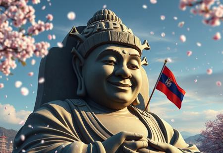 A serene and magical scene featuring a gigantic stone statue of Buddha, but with Shrek's face. The statue is in a meditative pose with cap on his head with logo SAP text and Serbian red blue white flag in one hand. The statue should resemble the Kamakura Buddha, smiling peacefully. Surrounding the statue are glowing Kanji characters, adding a mystical touch. Cherry blossom petals are blowing in the wind, filling the air.The skyline is beautiful, with high detail and an overall serene, masterpiece quality.