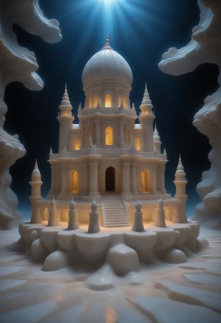 A colossal marble temple rises from the middle of an endless desert of glowing white sand. The temple’s intricate columns twist like liquid marble, shimmering in soft hues of sapphire and pearl. Around the temple, translucent jellyfish-like creatures hover in the warm desert breeze, their bioluminescent bodies casting soft, shimmering light on the marble surface. The sand itself seems to pulse with a subtle, liquid-like glow, as if the entire desert were made of flowing marble. Strange, glowing cacti made of marble and crystal grow around the temple, their spines casting faint shadows in the desert twilight.