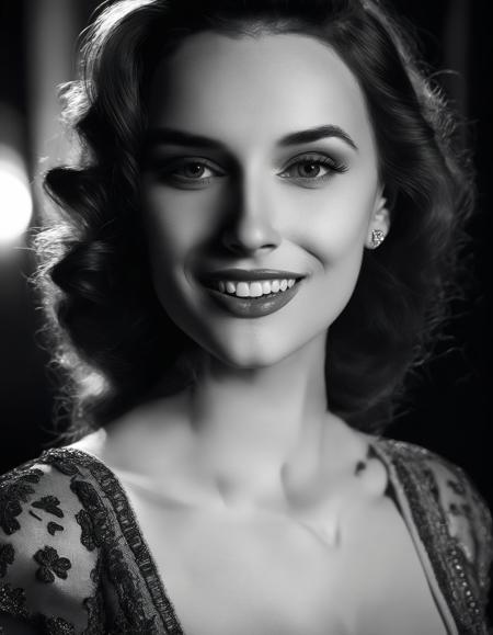 Renaissance style Captivating close-up of GloriaSolSDXL in a film noir setting, classic noir fashion, smile, dramatic lighting, shadows, mysterious allure, cinematic close-up, timeless noir film   <lora:GloriaSolSDXL:1> . Realistic, perspective, light and shadow, religious or mythological themes, highly detailed