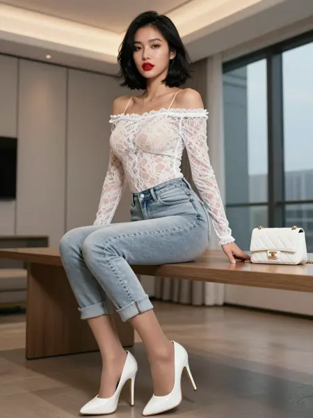 NSFW WAN2.2 T2V Urban Sensual Glamour Look – Lace One Shoulder Crop Top With Faded Denim Skinny Jean