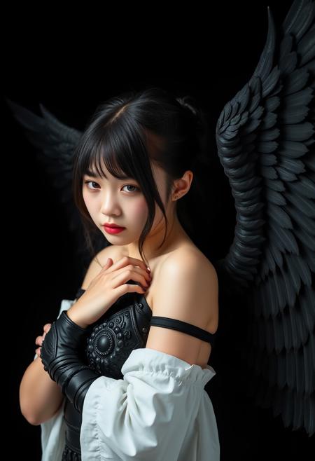 Medium shot of a beautiful japanese girl as an angel, black wings, black armour, sensual expression, black background, photography studio style