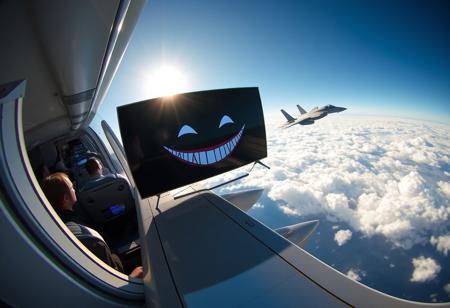 “A Samsung OLED 55” TV jogging on the wing of an Airbus, its sleek, shiny screen reflecting the wind as it moves, looking directly at the viewer through the window of the plane. The scene is captured with a cheap GoPro camera using a hyper fisheye lens, creating a distorted, wide-angle view. The plane is cruising high above the clouds, sunlight reflecting off its metallic surface. Inside the cabin, passengers are visible through the window, clearly startled by the sight. The TV screen displays an unsettling, creepy smile, adding a surreal and eerie atmosphere to the scene. In the background, an F-35 fighter jet floats among the clouds, enhancing the bizarre, dreamlike quality of the moment.”