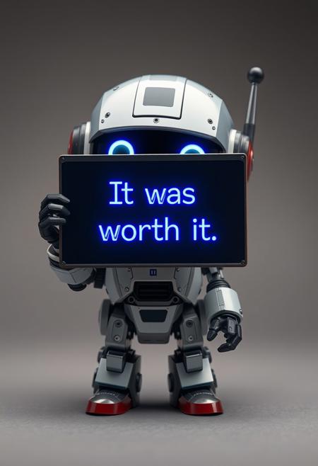 Robot chibi holding a sign that says "It was worth it"