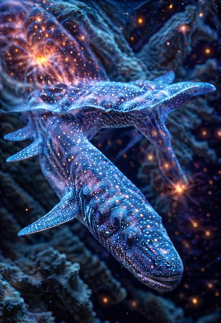 (dappled lighting:1.3), floating  in the void of outer space a lonely whale giving off an eerrie glow, ancient celestial bodies in the background, polar stratospheric clouds,