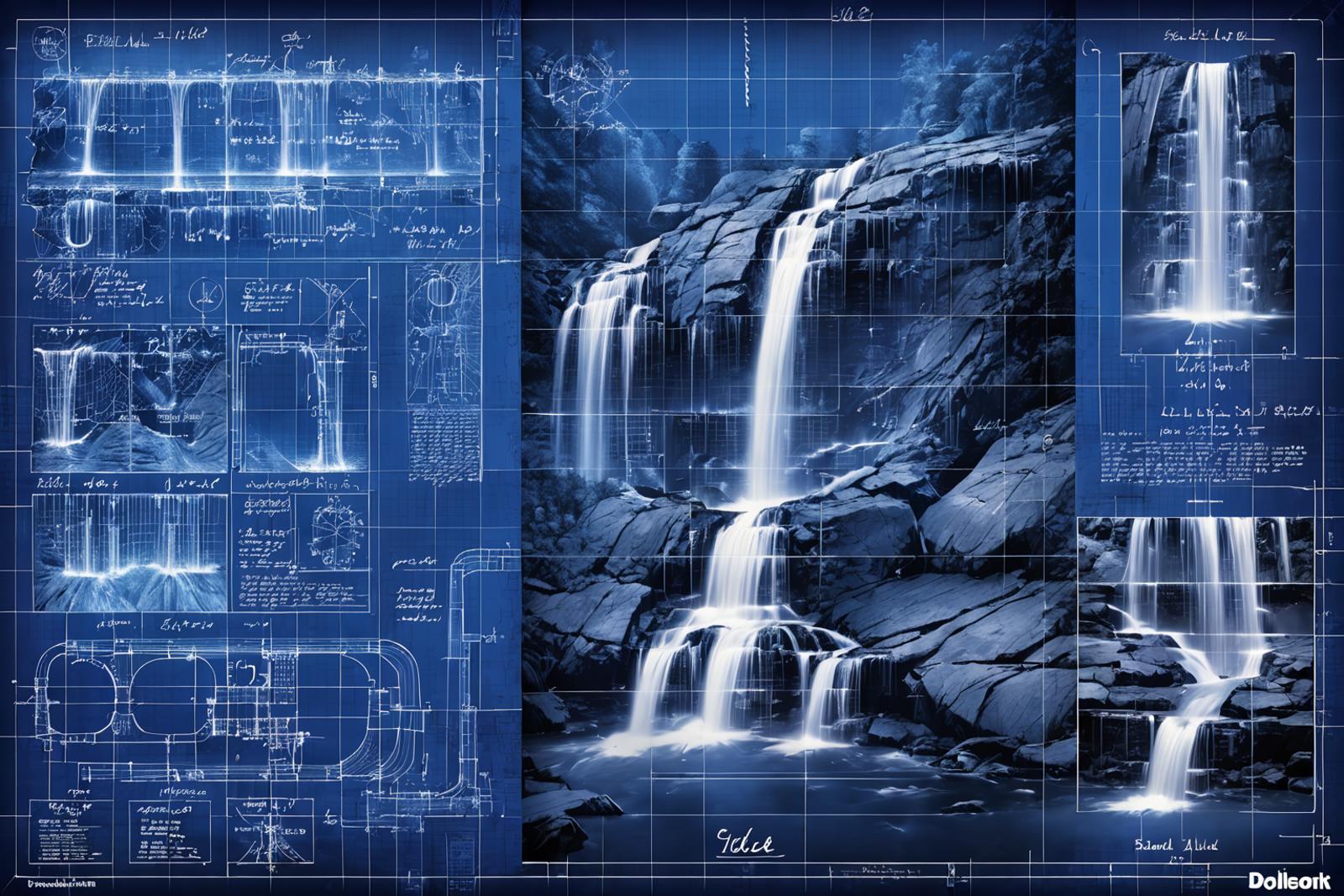 Blueprint of a Waterfall with Water Flowing Down the Mountain