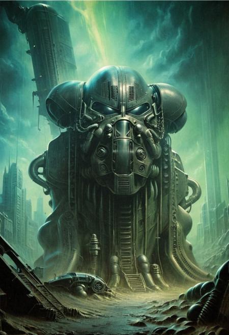 7-PowerArmour, DnD_Grainyboyz, grainy, noise, (style of Hans Ruedi Giger:02) and frank frazetta, Dark gritty artwork, of an old, abandoned, ruined, post apocalyptic, (retro futuristic:1.4), steampunk, city, giant, grand, epic, buildings, T-60, remanence of the past glory, metallic tubes, twisted metal, debris, atmosphere of emptiness and death, teal and green atmosphere, fog,