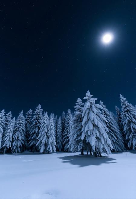 Majestic taiga covered with pristine snow, serene night landscape, countless bright stars twinkling in the clear sky, glowing full moon casting gentle light on the trees, atmospheric depth and tranquility
