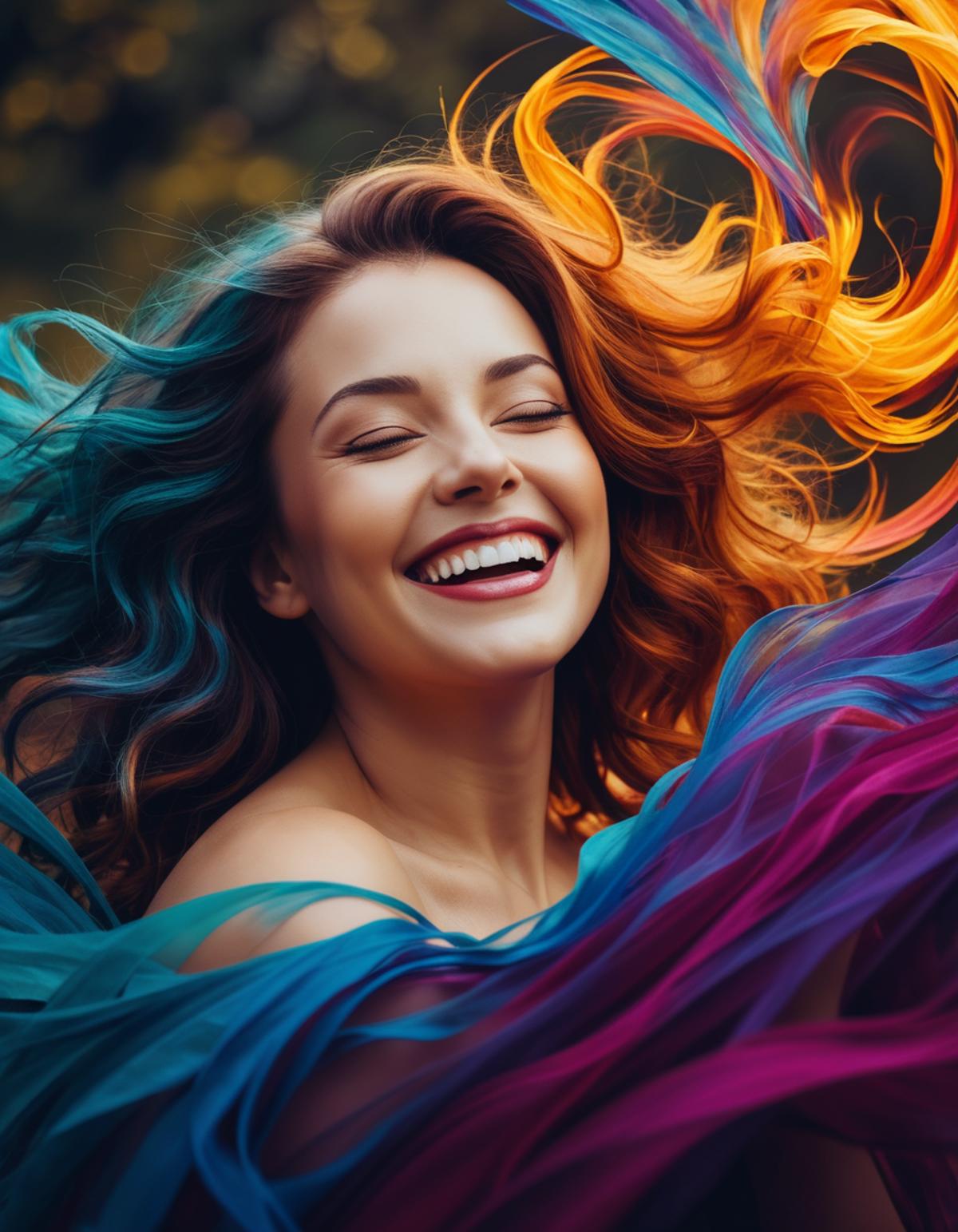 Woman with colorful hair smiling and laughing while looking up.