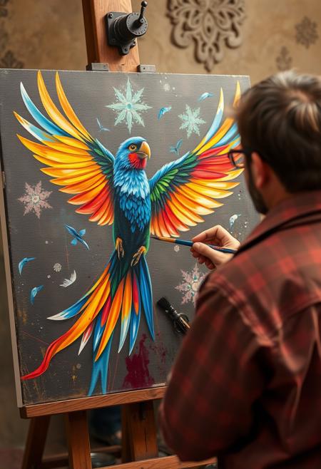 A painter painting on a canvas uses his magic paintbrush to create the most vivid and beautiful bird that comes to life and begins to fly off the canvas. Stunning colors all created by the painter and his magic paintbrush.