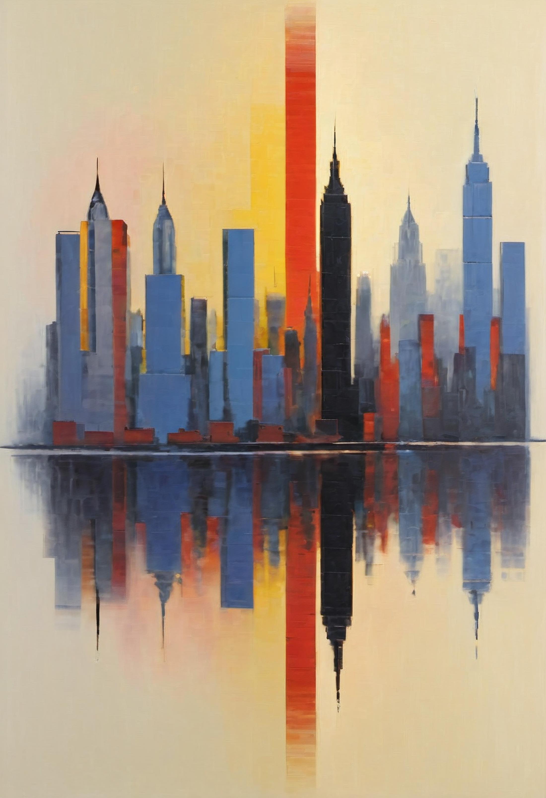 Artistic Cityscape Painting with Reflection of Buildings in Water
